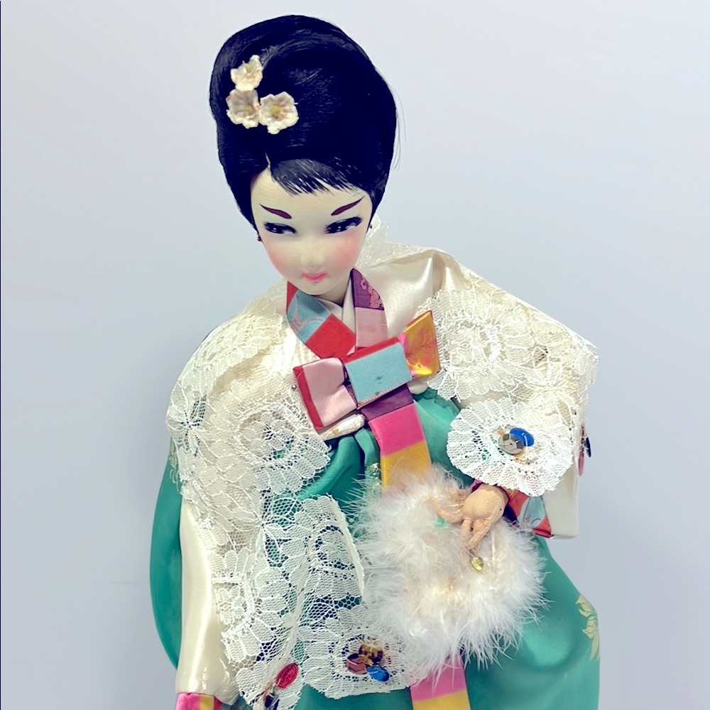 Elegant Korean Doll with Lace Sequin Embellishments Souvenir 1970’s Vintage 21”